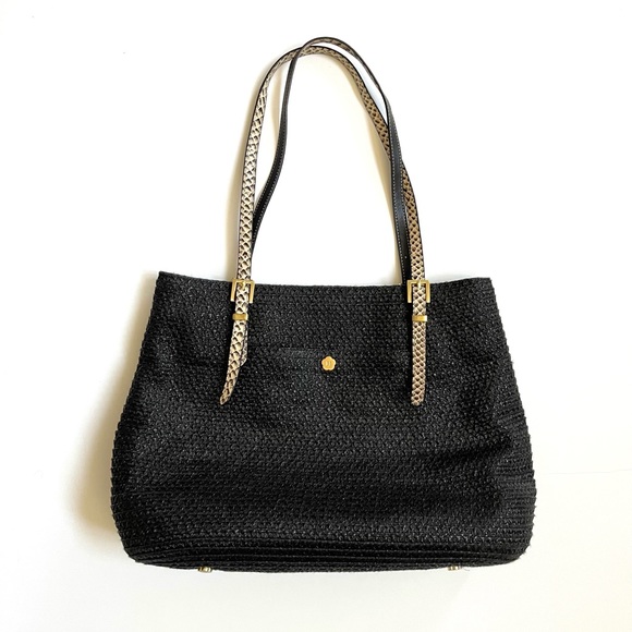 Eric Javitz black straw tote bag with leather handles squishee - Picture 12 of 14